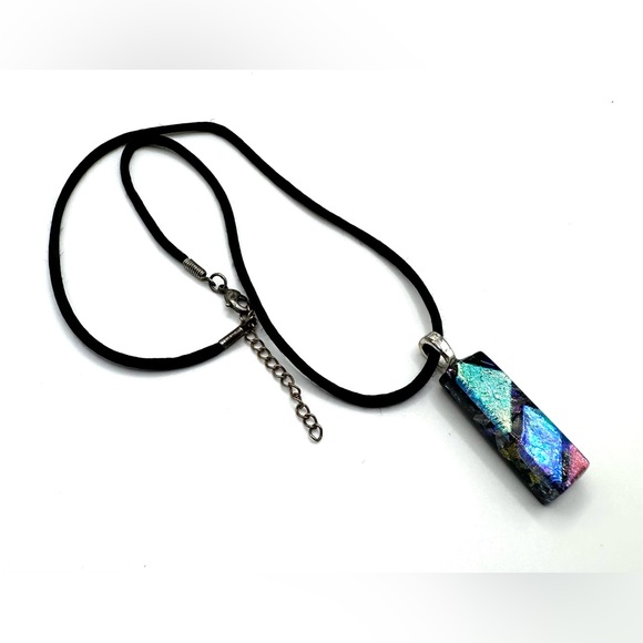 Dichroic Blue Art Glass Pendant Necklace 21” Black Cord & Extender-Handcrafted - Picture 7 of 11